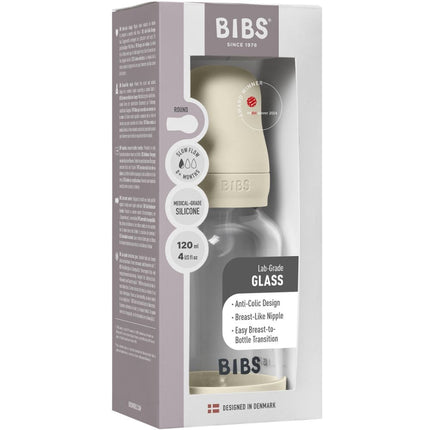 BIBS Glass Baby Bottle Siliconen  Slow Flow - 120 ml