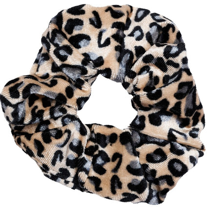 Haarspullen Scrunchie Velvet Panterprint Beige met Grijs